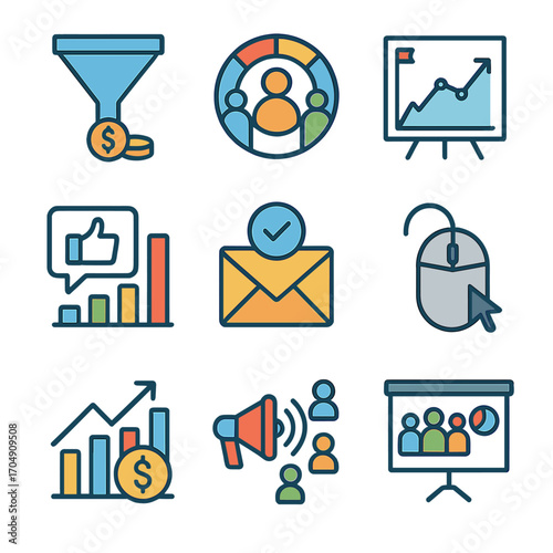 Marketing Analytics Icons. Flat icon set of marketing analytics: conversion rate, customer segmentation,
