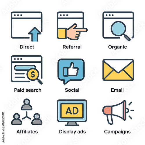 Traffic Source Icons. Flat icon set of traffic sources: direct, referral, organic search, paid search, social