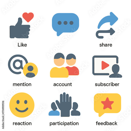 Audience Engagement Icons. Flat icon set of audience engagement: likes, comments, shares, mentions, followers,
