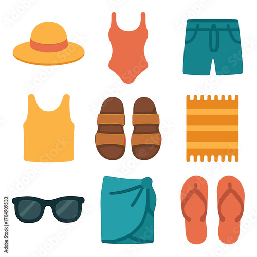 Summer Clothing Icons. Flat icon set of summer clothing: sun hat, swimsuit, shorts, tank top, sandals, beach
