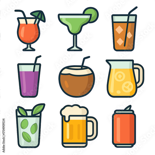 Summer Drink Icons. Flat icon set of summer drinks: cocktail, margarita, iced tea, smoothie, coconut water,