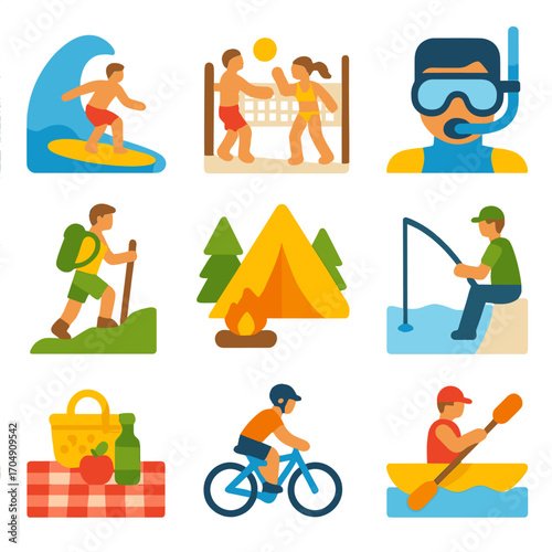 Summer Activity Icons. Flat icon set of summer activities: surfing, beach volleyball, snorkeling, hiking,