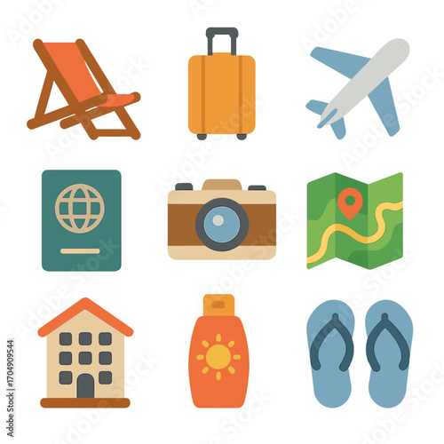 Summer Holiday Icons. Flat icon set of summer holidays: beach chair, travel suitcase, airplane, passport,