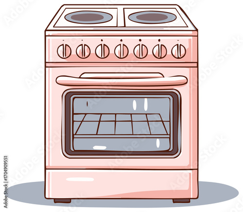 Illustration of a pastel pink kitchen range with burners and oven, featuring classic cooking appliance with retro design.
