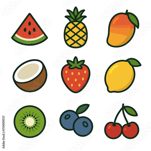 Summer Fruits Icons. Flat icon set of summer fruits: watermelon, pineapple, mango, coconut, strawberry, lemon,