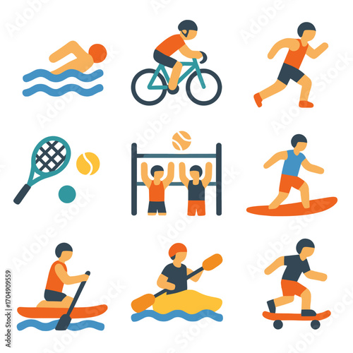 Summer Sports Icons. Flat icon set of summer sports: swimming, cycling, running, tennis, beach volleyball,