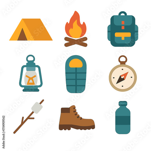 Summer Camping Icons. Flat icon set of summer camping: tent, campfire, backpack, lantern, sleeping bag,