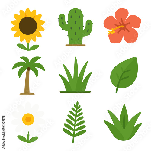 Summer Plant Icons. Flat icon set of summer plants: sunflower, cactus, hibiscus, palm tree, grass, leaf, daisy