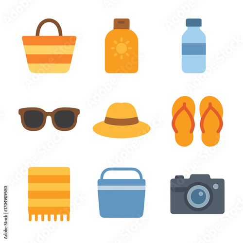 Summer Essentials Icons. Flat icon set of summer accessories: beach bag, sunscreen bottle, water bottle,