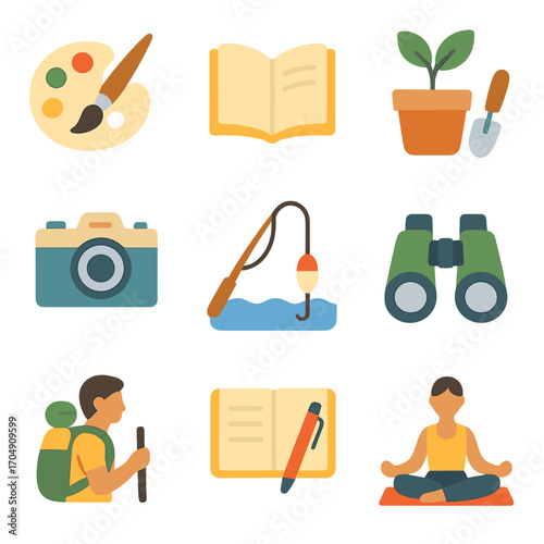 Summer Hobby Icons. Flat icon set of summer hobbies: painting, reading, gardening, photography, fishing,