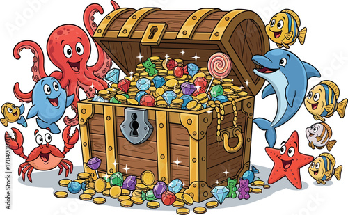 Cartoon treasure chest overflowing with gold coins and jewels surrounded by sea creatures