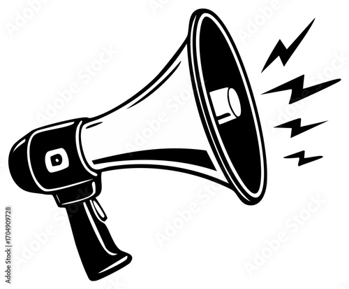 Black and white bullhorn icon broadcasting a loud message vector illustration