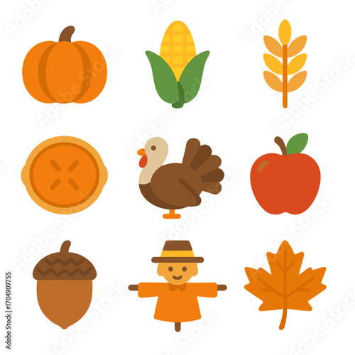 Thanksgiving Harvest Icons. Flat icon set of Thanksgiving harvest: pumpkin, corn, wheat, pie, turkey, apple,