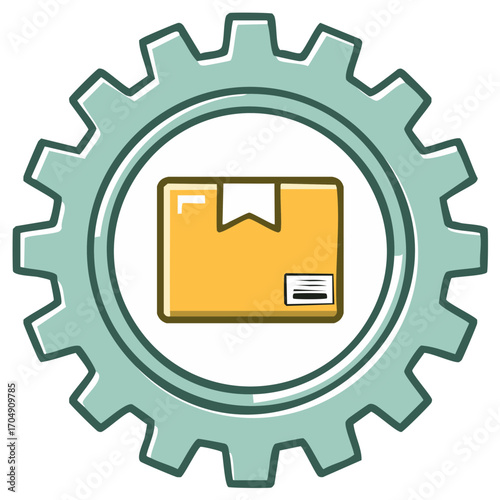 Gear wheel with box symbol. Icon of packaging and delivery concept.