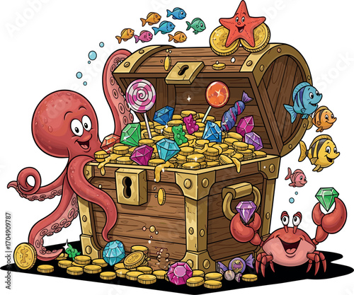 Cartoon octopus and crab guarding a treasure chest overflowing with gold coins and gems