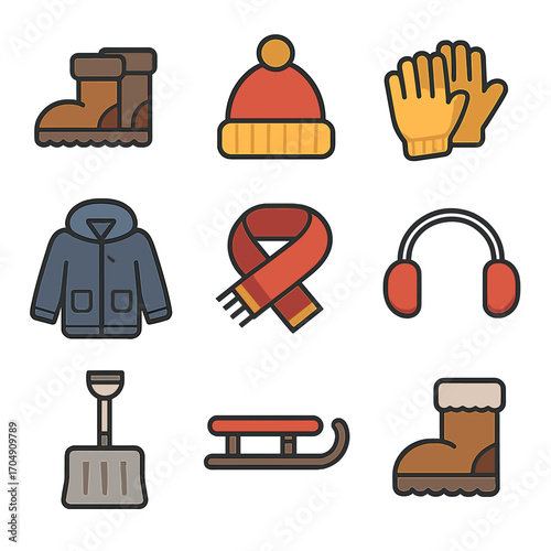 Winter Gear Icons. Flat icon set of holiday winter gear: boots, hat, gloves, coat, scarf, earmuffs, snow