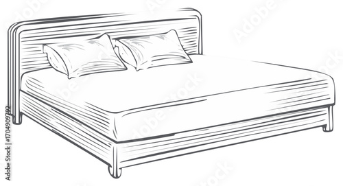 Hand drawn sketch illustration of a double bed with a headboard and two pillows