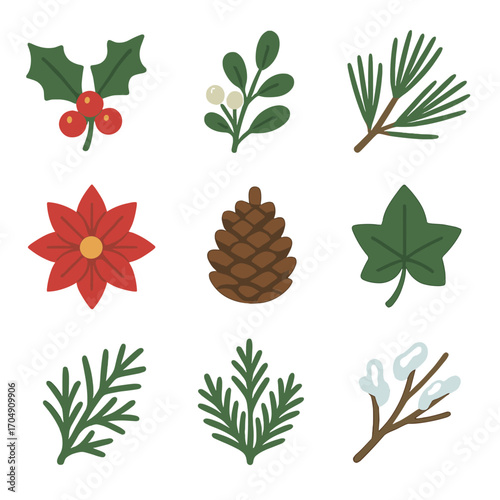 Winter Holiday Plants Icons. Flat icon set of winter holiday plants: holly, mistletoe, pine branch, poinsettia