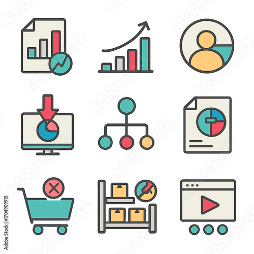 Analytics Icon Grid. Flat icon set of analytics and reports: sales chart, revenue growth, customer insights,