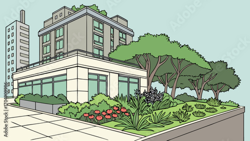 Modern building rooftop garden design with green roof and urban landscape architecture concept art