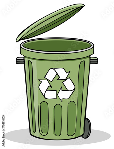 Green recycling bin with an open lid and recycle symbol for environmental sustainability