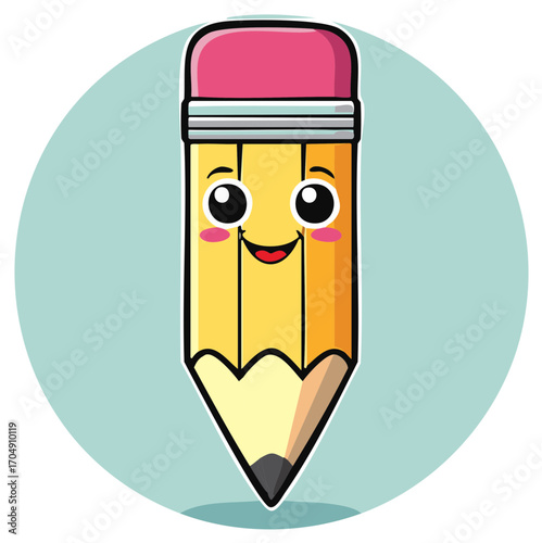 Happy cartoon pencil with pink eraser and smiling face illustration