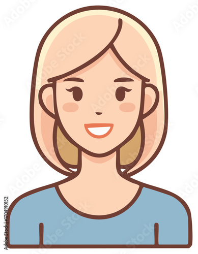 Friendly cartoon woman with short blonde hair smiling and wearing a blue shirt