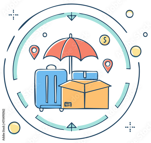 Illustration of luggage, cardboard box, and umbrella with a circle and geolocation markers on white backdrop