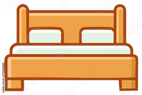 Cartoon illustration of a wooden bed with pillows and bedding