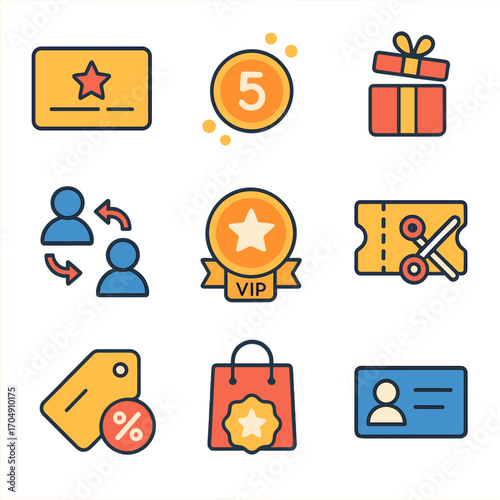 Customer Loyalty Icons. Flat icon set of customer loyalty: loyalty card, points, rewards, referral, VIP badge,