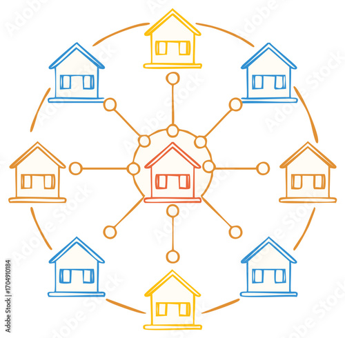 Connected houses in a network with a central hub house illustration