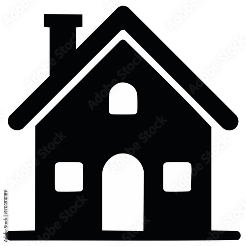 Classic black house icon with chimney, gabled roof, and arched windows