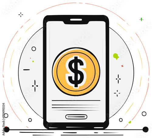 Modern smartphone displays a golden dollar coin symbol symbolizing financial transactions and mobile banking