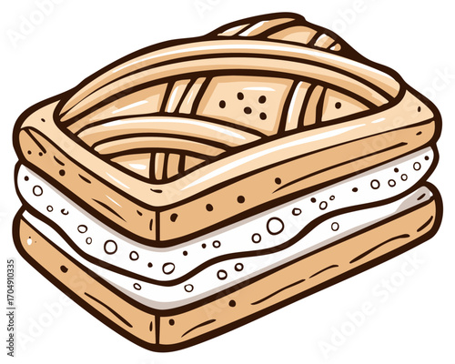 Cartoon dessert s'more sandwich illustration, sweet treat design with marshmallow filling and pie crust