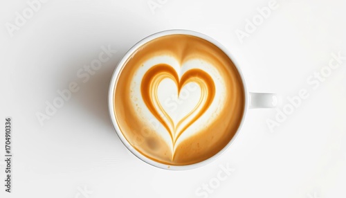 A frothy heart sits atop a creamy latte, in a coffee cup, viewed from above on a pure white background,  texture,  barista