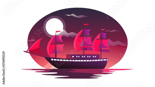 Illustration of a pirate ship sailing at night with moon and clouds vector graphic design asset
