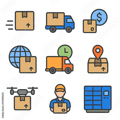 Shipping Options Icons. Flat icon set of shipping options: standard shipping, express shipping, free shipping,