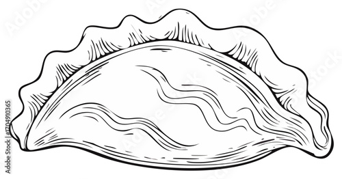 Hand drawn sketch of a single dumpling with wavy lines on its surface
