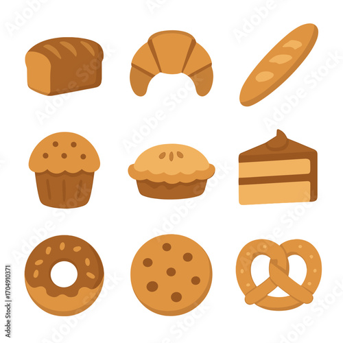 Baked Goods Icons. Flat icon set of baked goods: bread loaf, croissant, baguette, muffin, pie, cake slice,