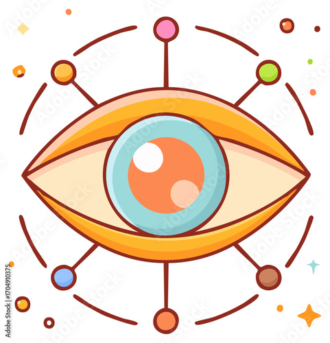 Stylized Eye with Orbiting Planets and Stars