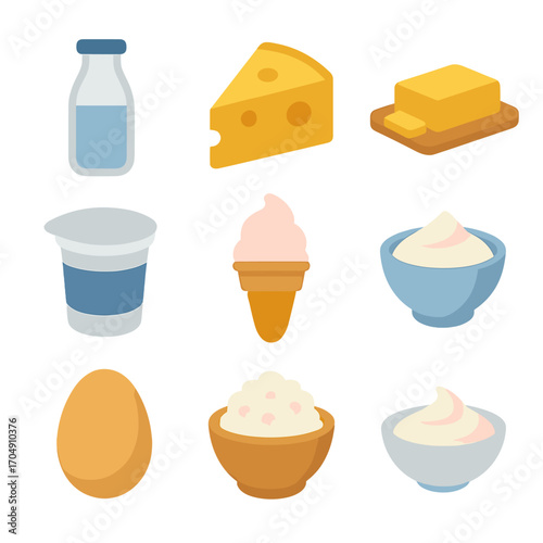 Dairy Products Icons. Flat icon set of dairy products: milk bottle, cheese wedge, butter, yogurt cup, ice