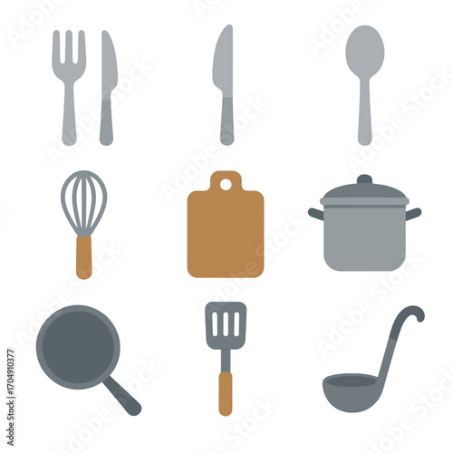 Modern Kitchen Utensil Icons. Flat icon set of kitchen utensils: fork, knife, spoon, whisk, cutting board, pot
