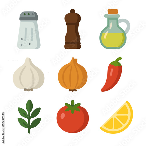 Cooking Ingredients Icons. Flat icon set of cooking ingredients: salt shaker, pepper grinder, oil bottle,
