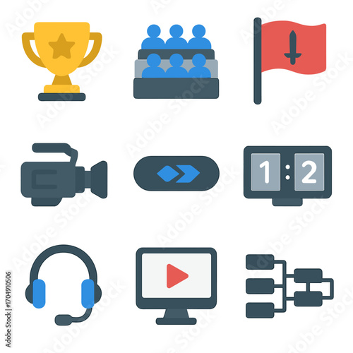 eSports Icon Set. Flat icon set of eSports elements: tournament trophy, spectator stands, team flag, broadcast