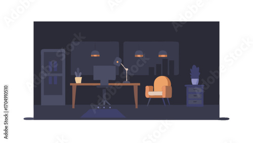 Dark office interior design illustration with desk chair lamp and furniture vector background