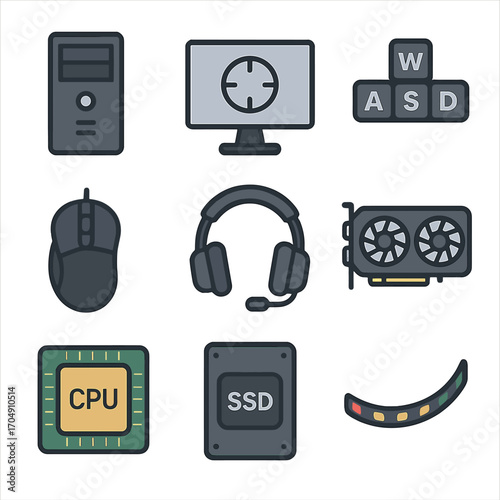 PC Gaming Icons. Flat icon set of PC gaming: desktop tower, monitor with crosshair, keyboard WASD keys, gaming