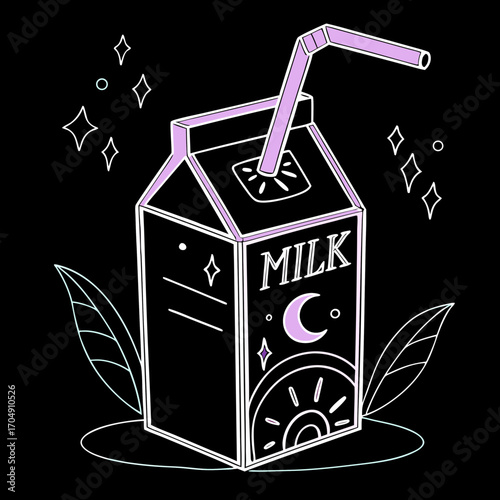 Milk carton with straw in minimalist design on black background  