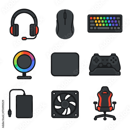 Gaming Accessories Icons. Flat icon set of gaming accessories: headset, mouse, mechanical keyboard, gaming
