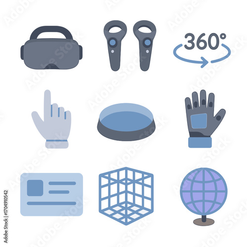 VR Gaming Icon Set. Flat icon set of VR gaming: VR headset, motion controllers, 360° arrow, virtual hand,