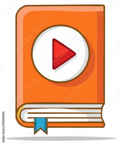 Orange Textbook with Red Play Button, Blue Bookmark  Education Media, Studying